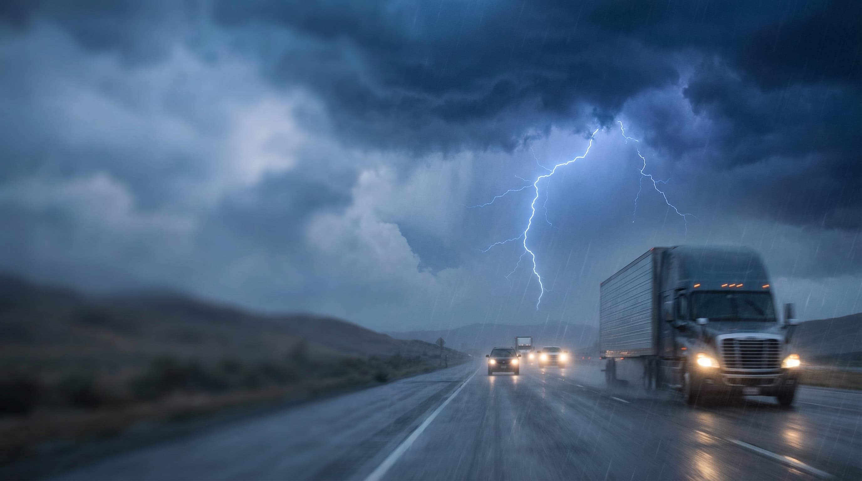 California highway during a lightning storm